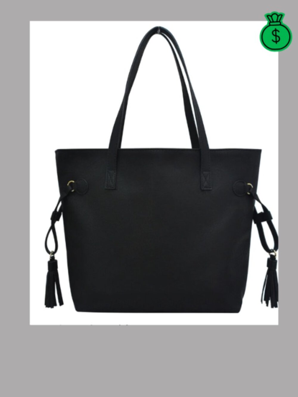 Black Leather Tote Bag with Tassels - Picture 2 of 3